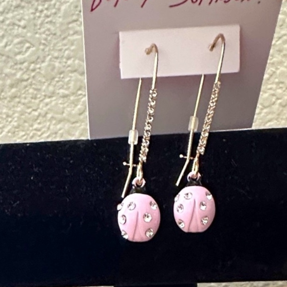 Betsey Johnson Pink Ladybug Earrings with Crystals - Picture 2 of 4